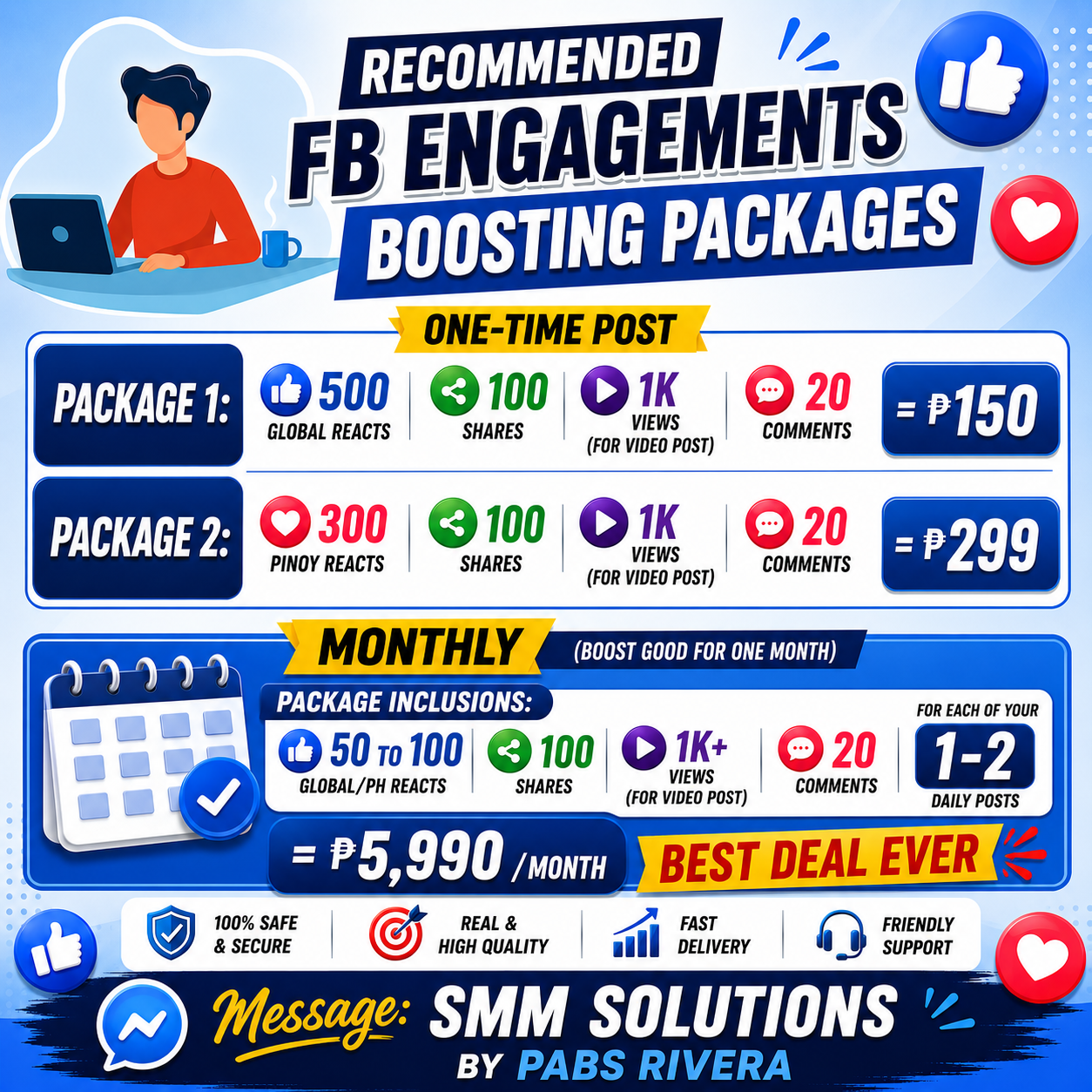 Facebook engagements boosting packages poster showing one-time and monthly options