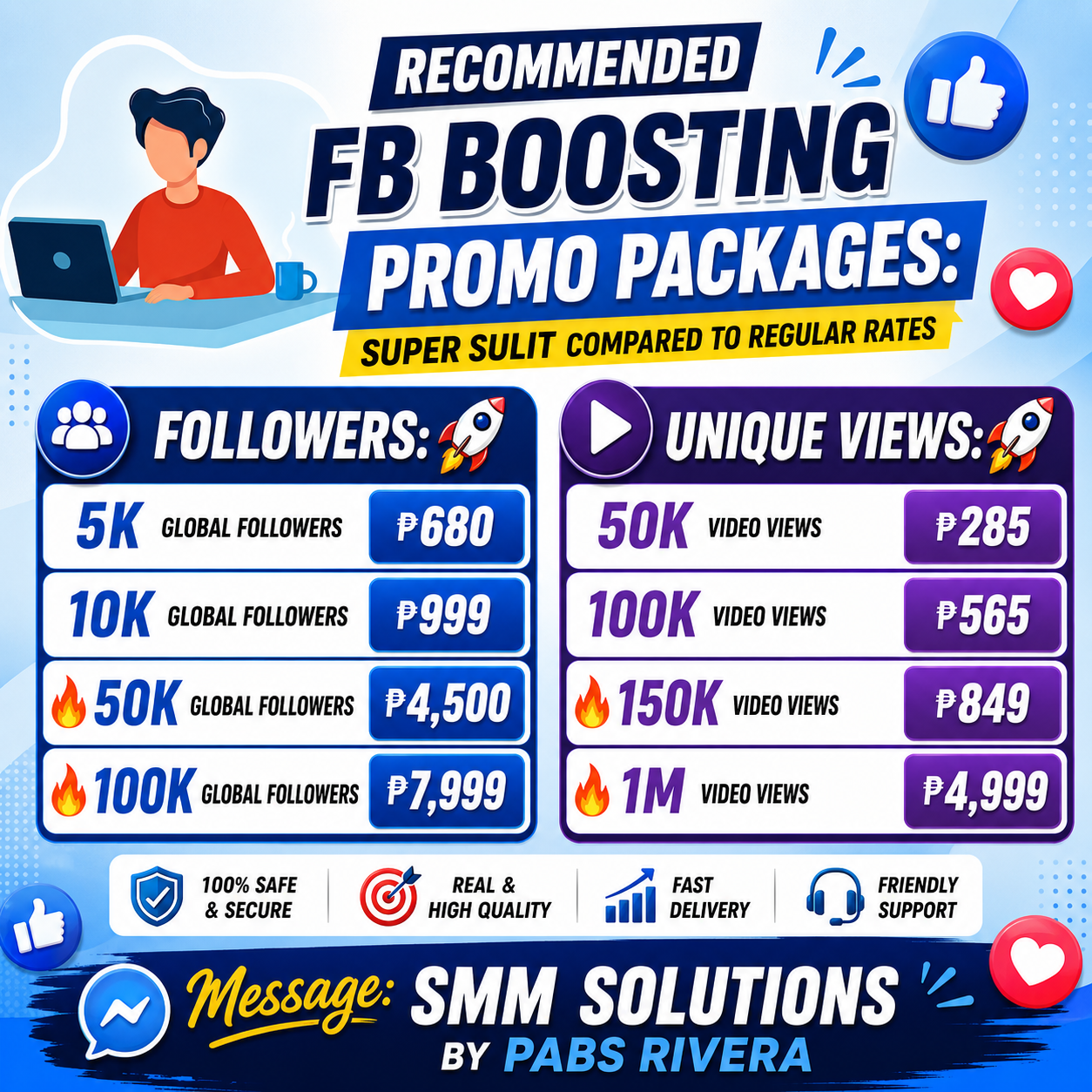 Facebook boosting promo packages poster showing Global Followers and Unique Video Views rates