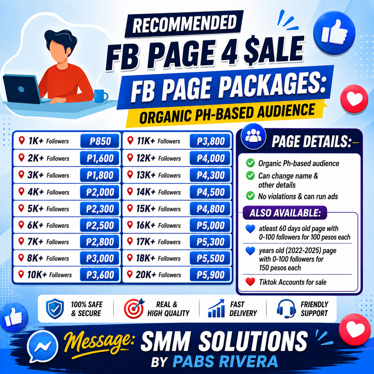 Facebook pages for sale poster showing PH-based audience page rates and page details
