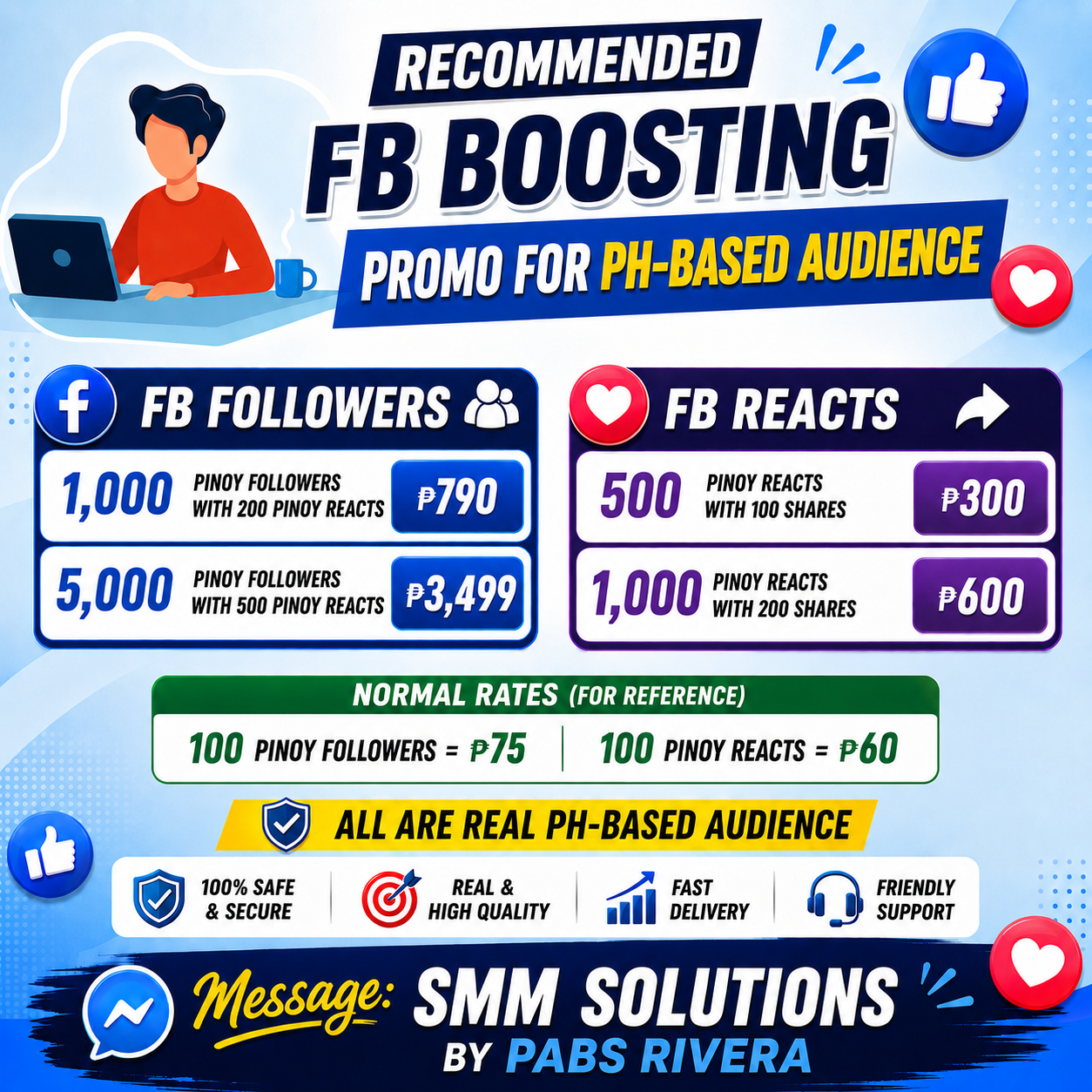 Facebook boosting promo for PH-based audience poster showing Pinoy followers and reacts