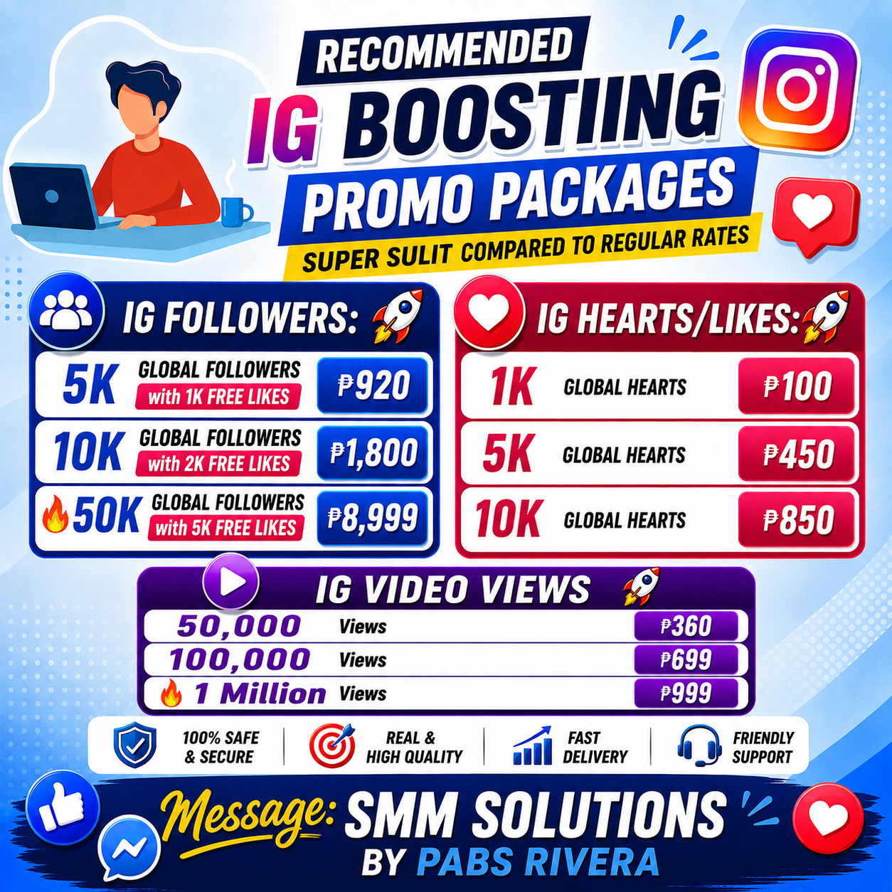 Instagram boosting pricelist artwork showing followers, hearts or likes, and video views