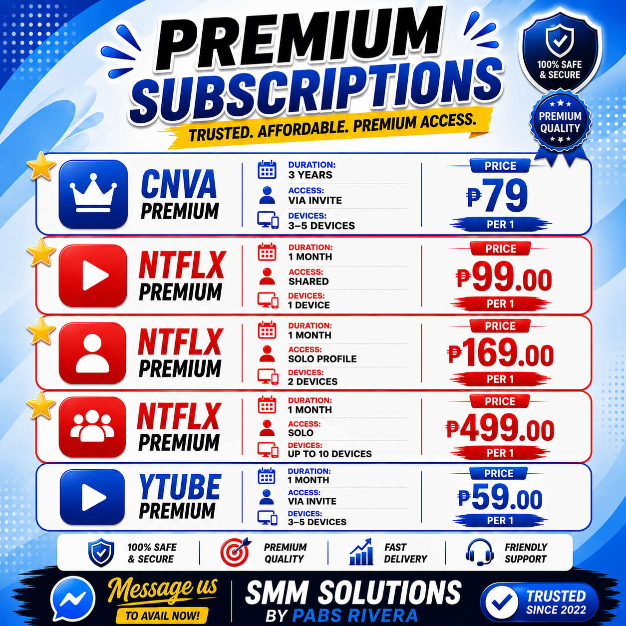 Premium subscriptions poster showing Canva, Netflix, and YouTube premium rates