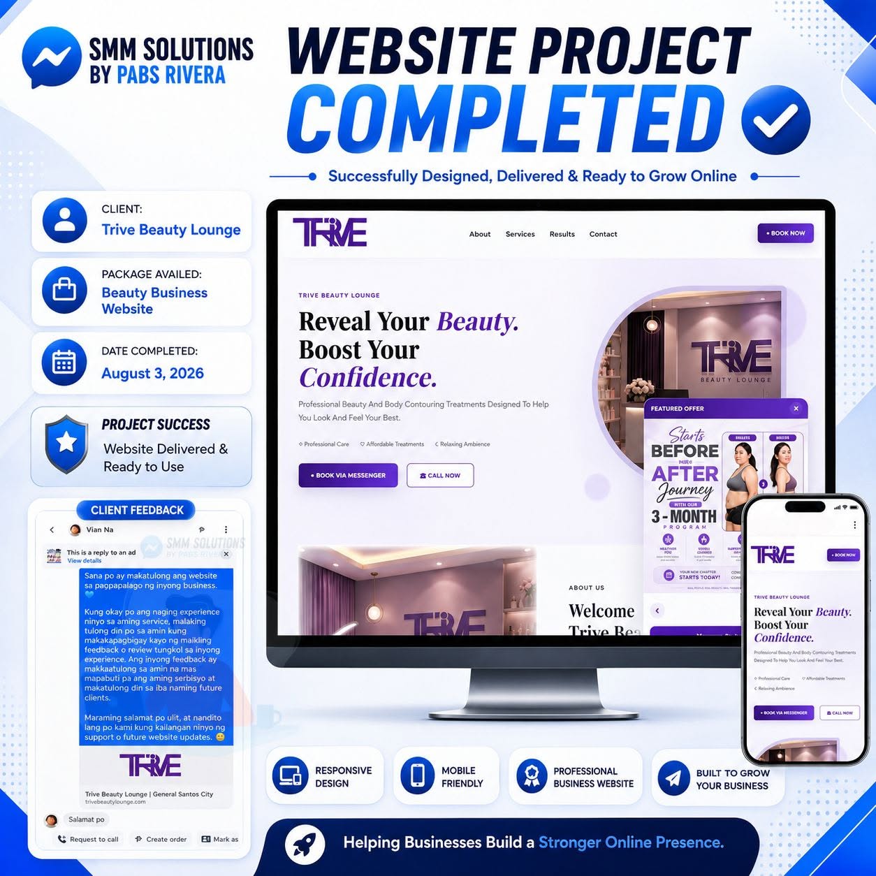 Trive Beauty Lounge website project completed poster
