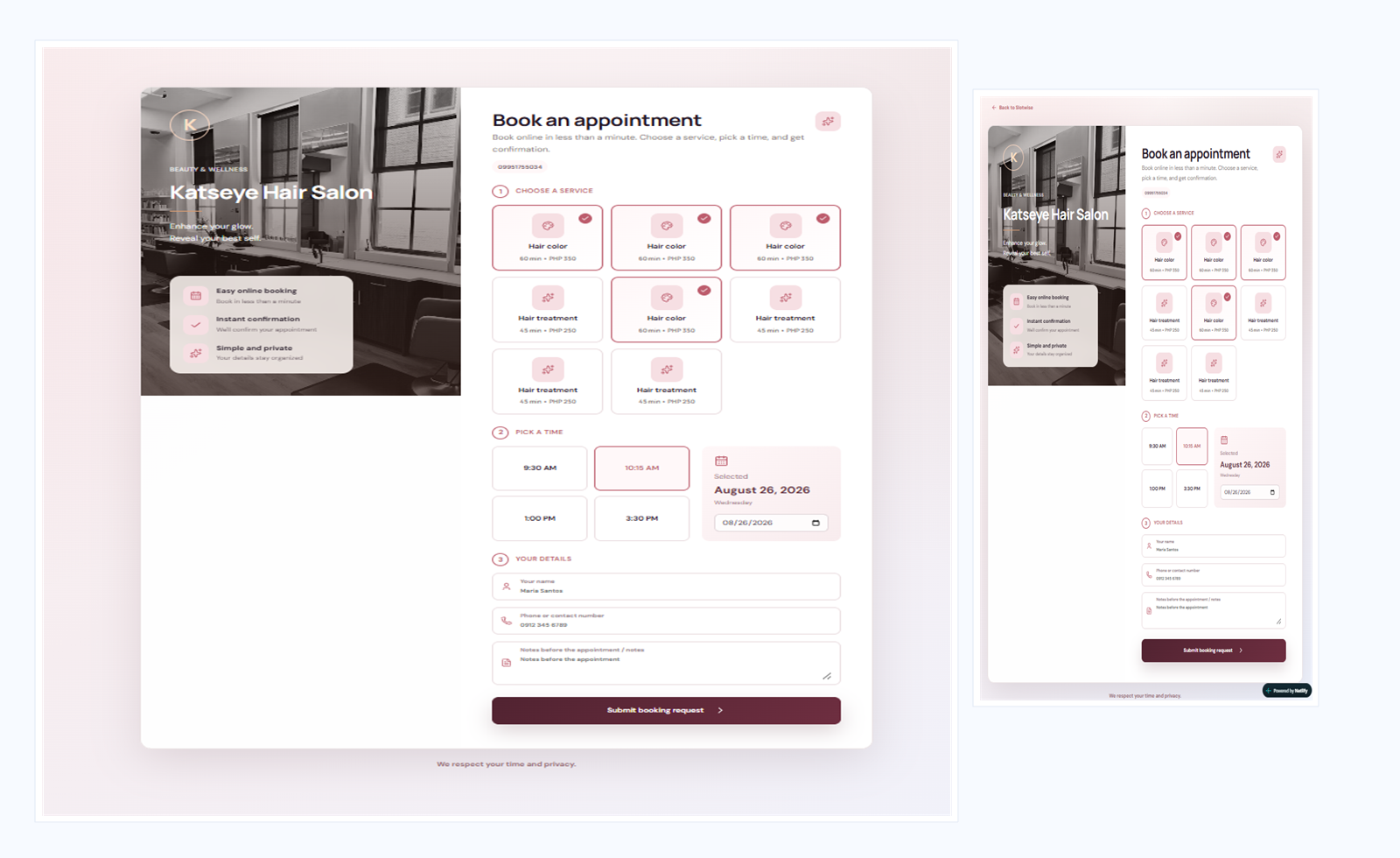 Customer-facing online booking system demo shown in desktop and mobile layouts