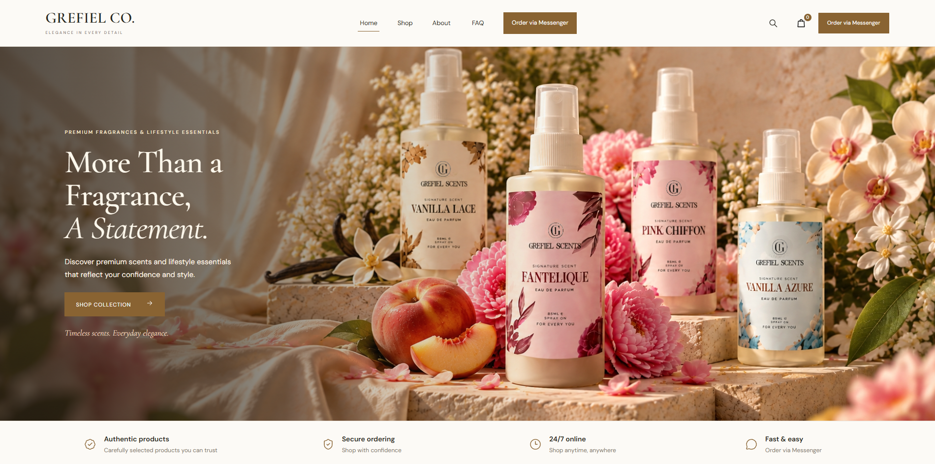 Desktop homepage preview of the Grefiel Co. fragrance and lifestyle online store