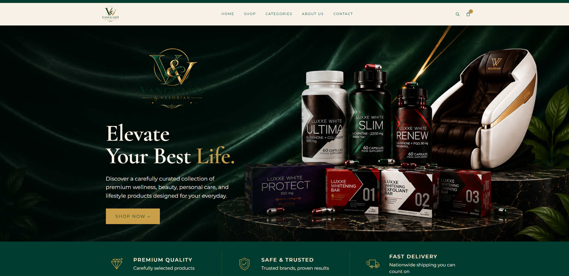 Desktop homepage preview of the Vanguard by Velorian online store