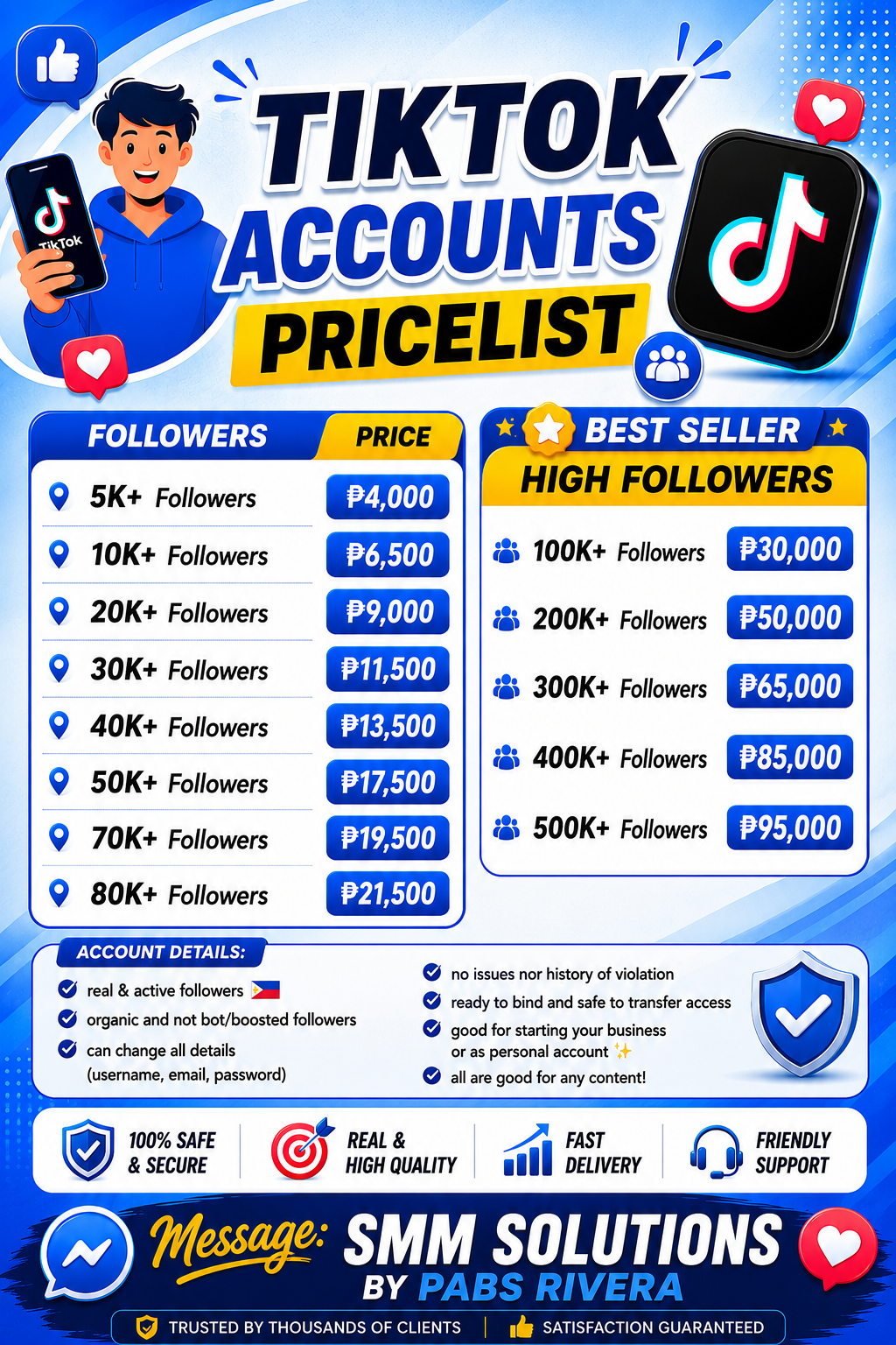 TikTok accounts pricelist poster showing standard and high follower account rates