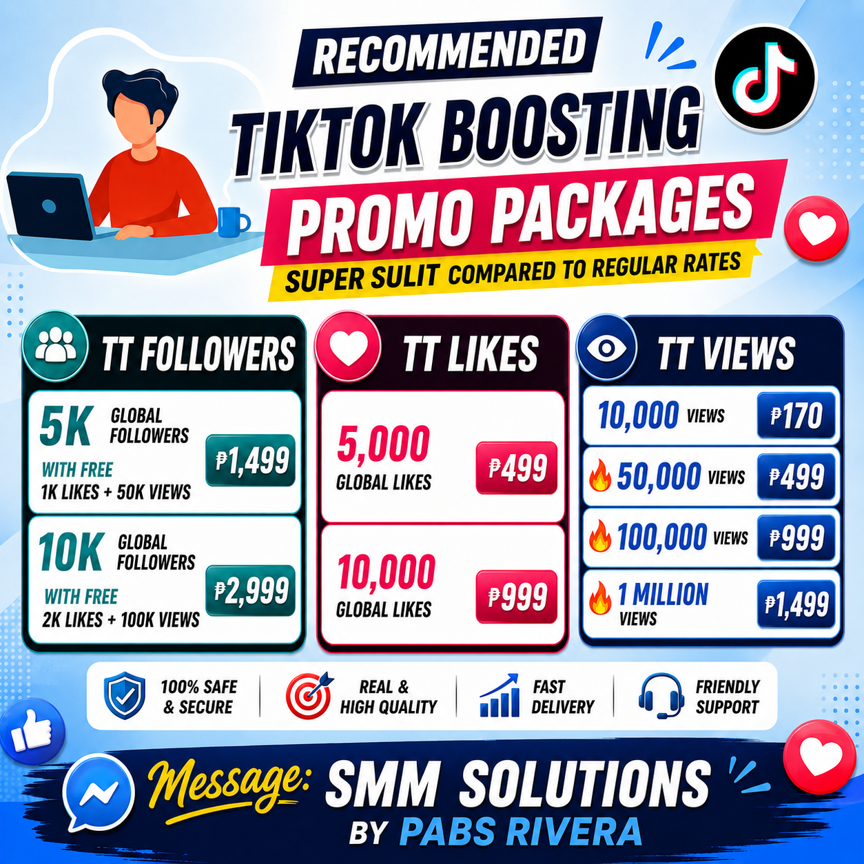 TikTok boosting pricelist artwork showing followers, likes, and view options