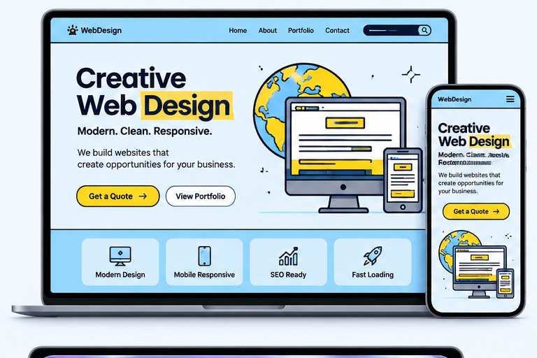 Retro flat illustration responsive website design example